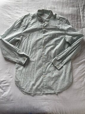 Men's White Blue & Navy Floral Button-Up Shirt Size L